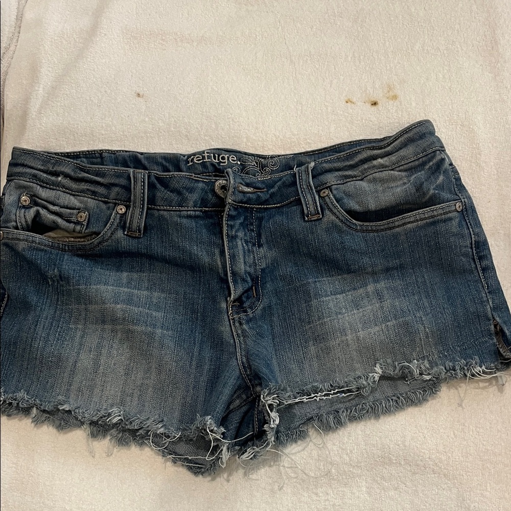 refuge Distressed Dark Blue Denim Cutoff Shorts